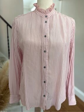 J.Crew Jules Pink Striped Ruffle Collar Button-Up Blouse